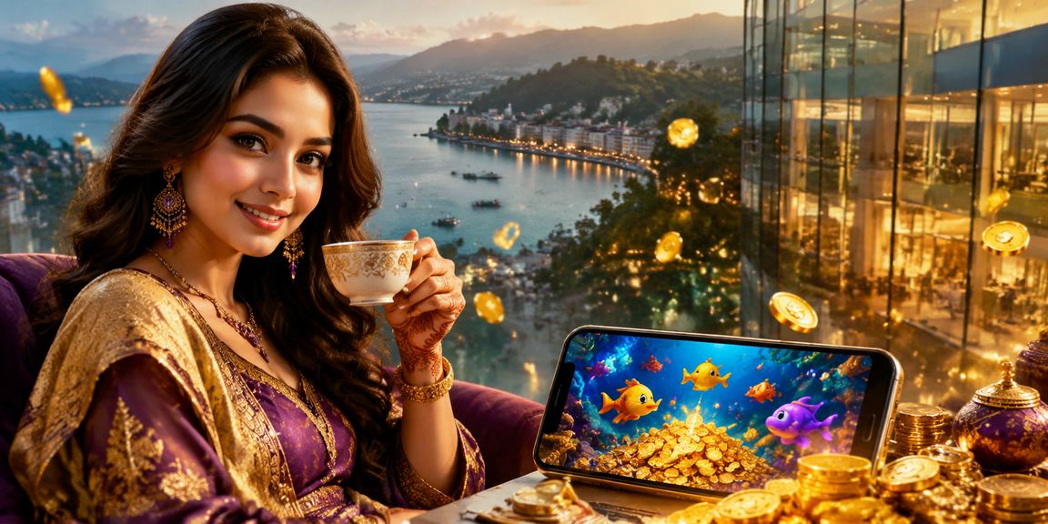 A player enjoying 9bet fishing games with a Rangamati-themed backdrop
